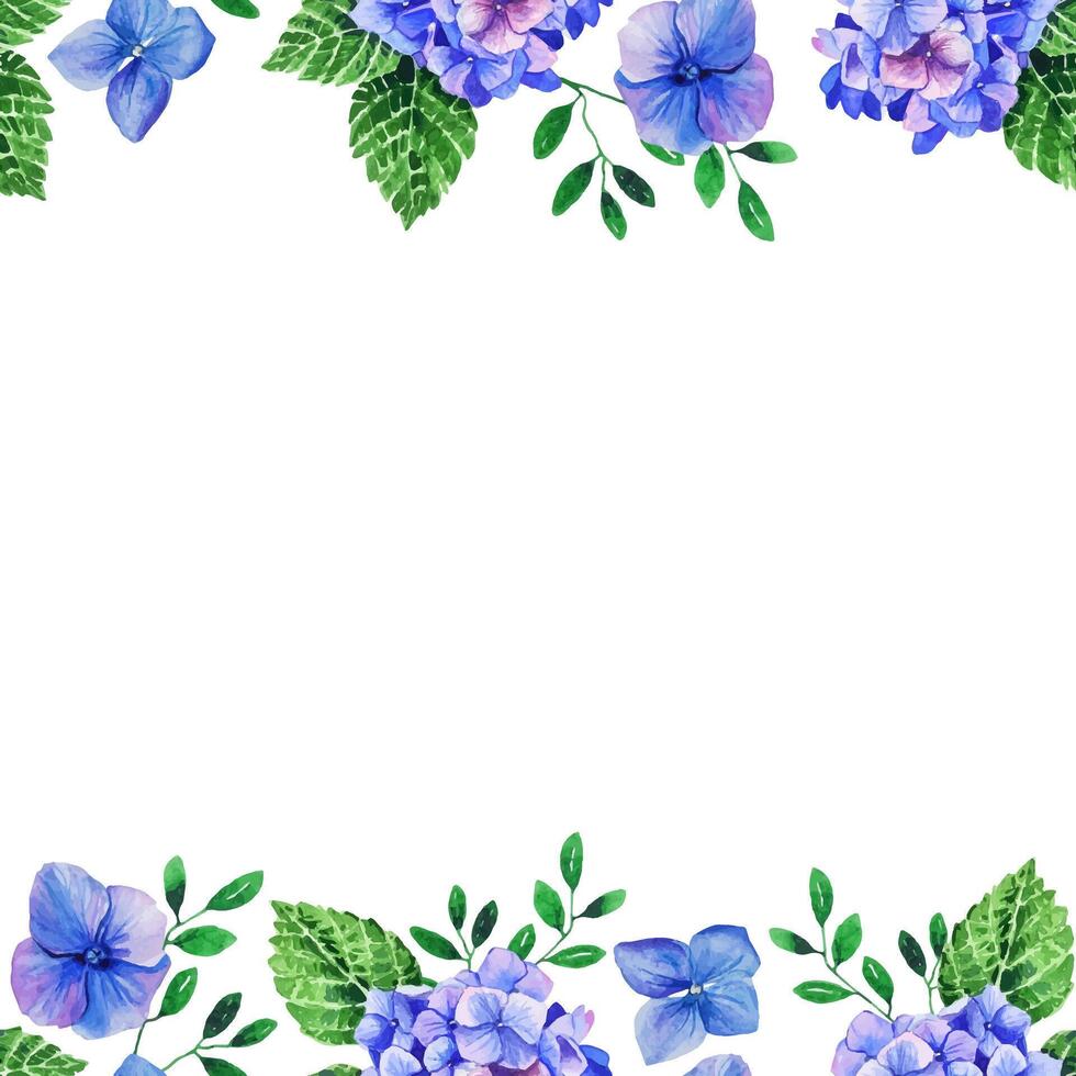 Blue hydrangea seamless border frame watercolor hand drawn floral pattern vector
