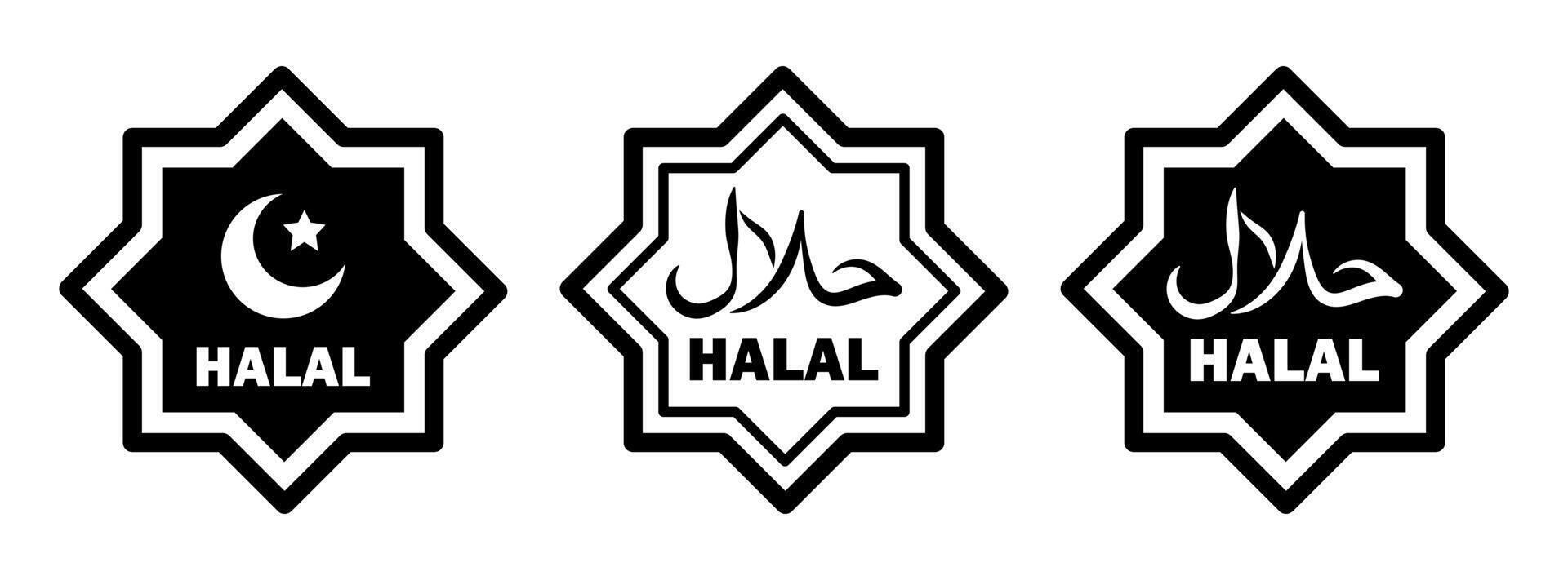 Halal logo, icons set. Stamp for hahal food. Crescent and star, black and white illustration. vector