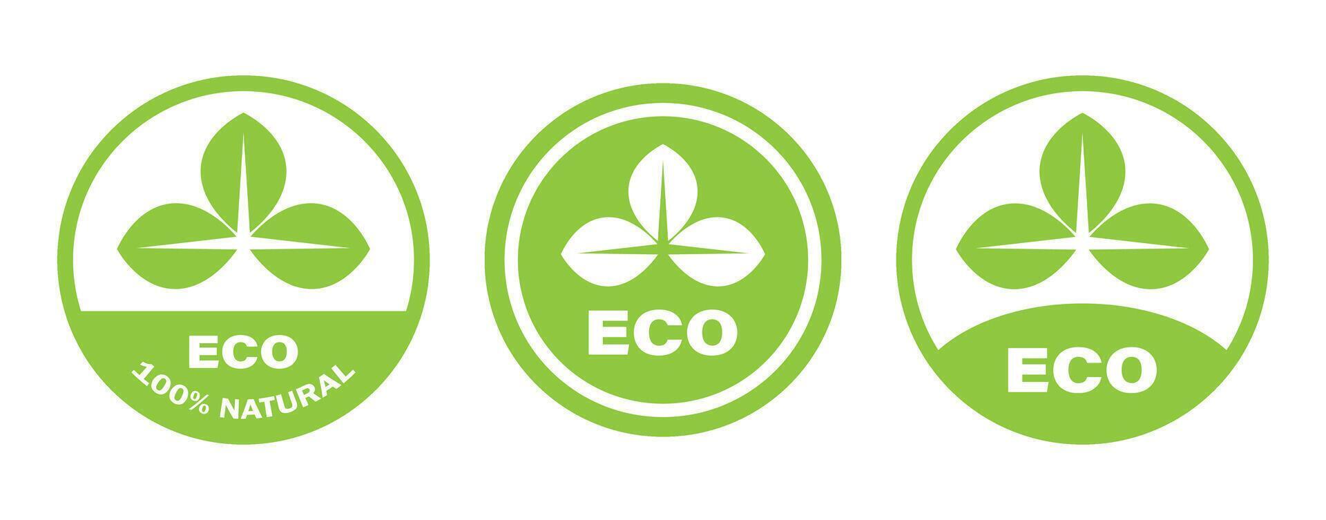 Eco friendly icon set, food stamp. Organic natural food label. illustration. Green round sticker vector