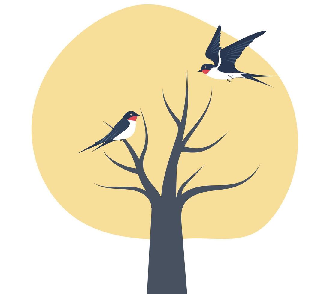 Two birds perched in a tree against a soft yellow background during a calm afternoon vector
