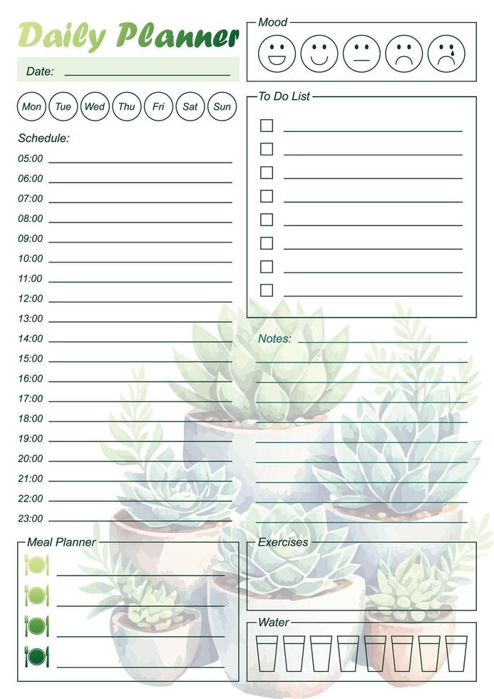 Cute succulents daily planner template. vector