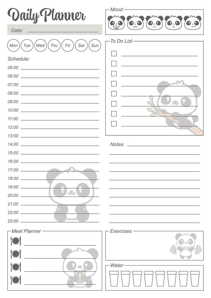 Cute panda daily planner template vector