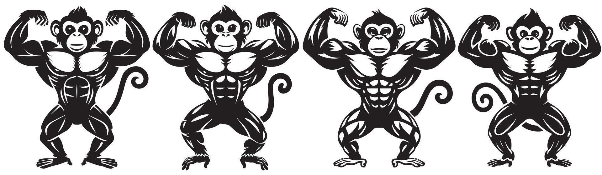 Monkey Bodybuilder Silhouette Illustration Set vector