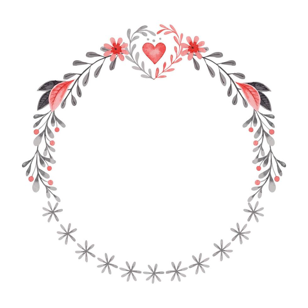 Round wreath with heart and branches in folk style. Stylized illustration in red and gray colors for wedding invitation creating. Hand drawn composition is perfect for romantic and love designs. vector