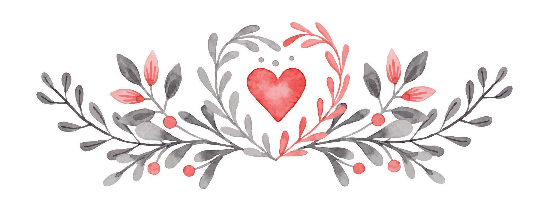 Wide arrangement with heart and twig in folk style. Stylized illustration in red and gray colors for wedding invitation creating. Hand drawn composition is perfect for romantic and love designs. vector
