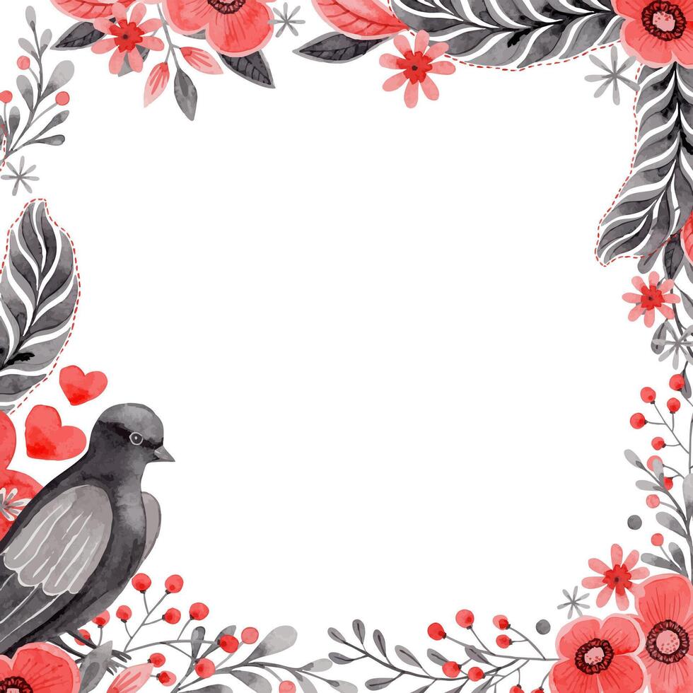 Square frame with dove and copy space in folk style. Stylized illustration in red and gray colors for wedding invitation creating. Hand drawn composition is perfect for romantic and love designs. vector