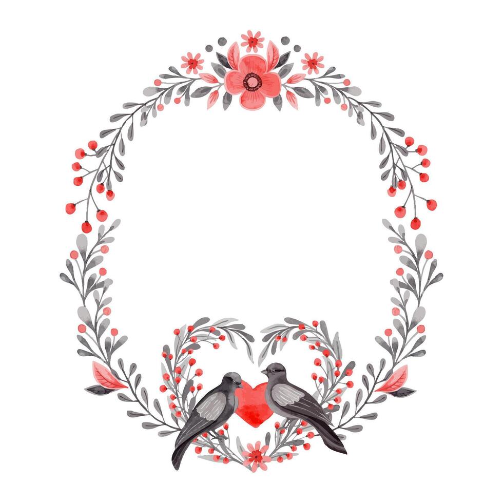 Oval wreath with couple of dove in folk style. Stylized illustration in red and gray colors for wedding invitation creating. Hand drawn composition is perfect for romantic and love card design. vector