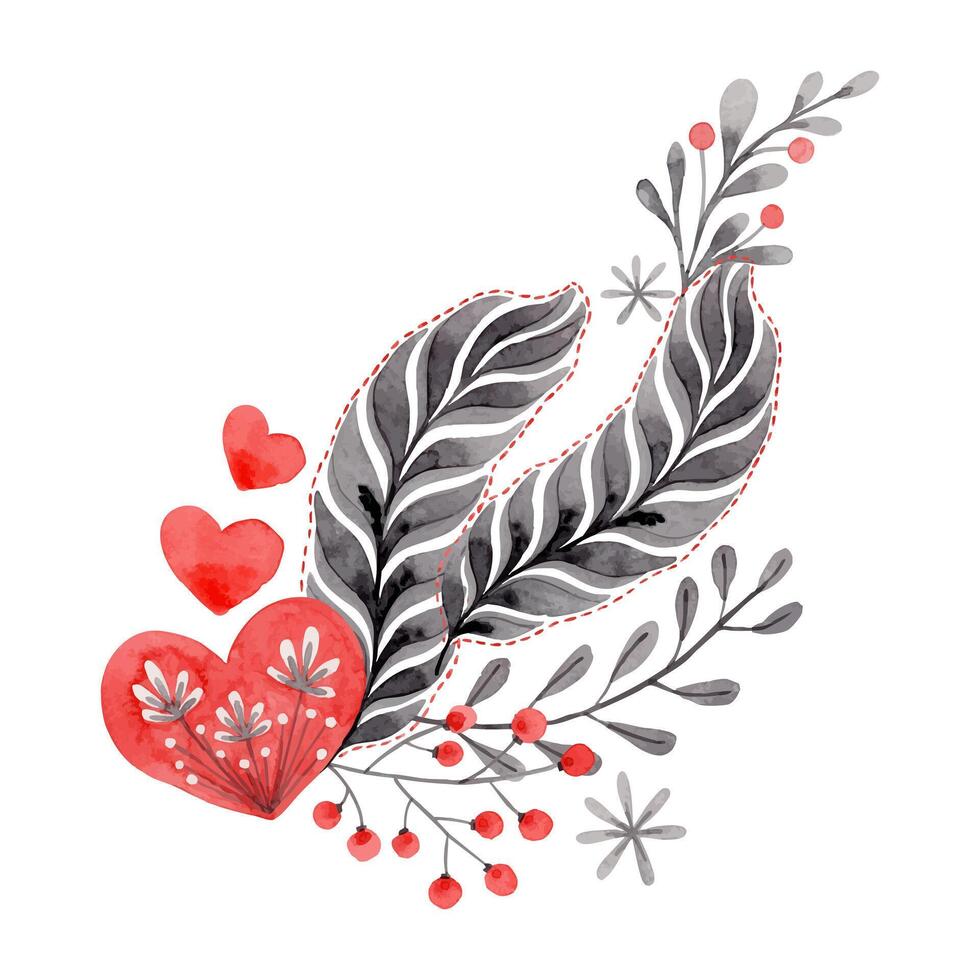 Feather and heart composition in folk style. Stylized illustration in red and gray colors for wedding invitation creating. Hand drawn arrangement is perfect for romantic and love design. vector