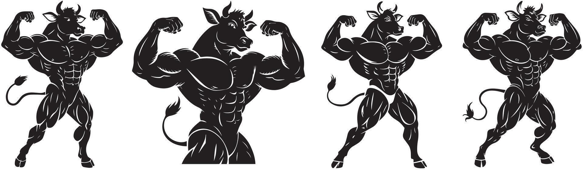 Cow Bodybuilder Silhouette Illustration Set vector