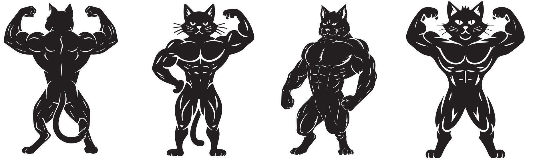 Cat Bodybuilder Silhouette Illustration Set vector