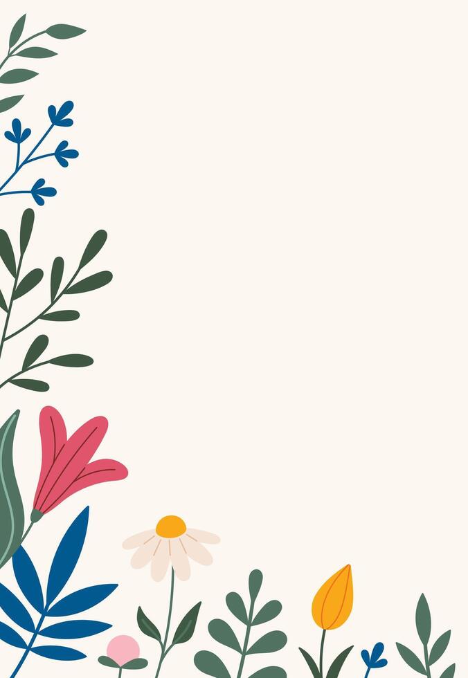 Decorative frame, border with flowers - tulip, leaves, lilies. . Doodle style. Copy space, design template. Hand drawn spring and summer flowers and foliage vector
