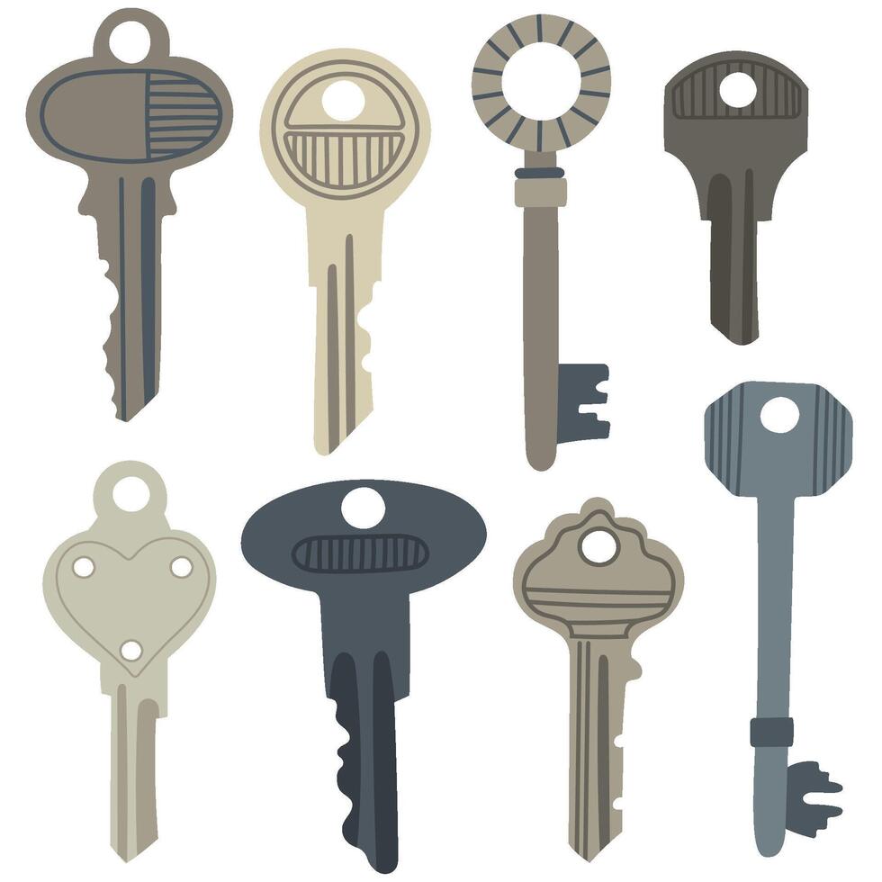 Keys in different shapes and sizes for unlocking doors, for security and home-themed designs.House, apartment or room locking accessories. vector