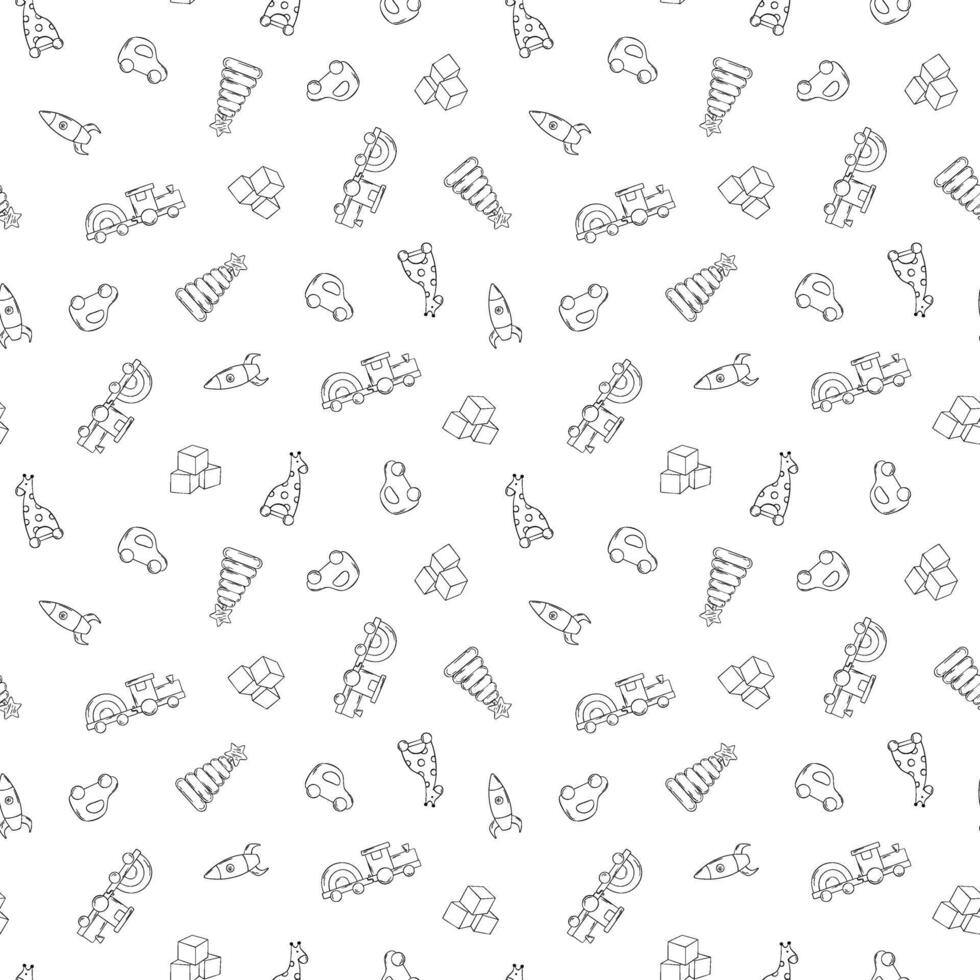 Seamless pattern of baby toys. Outline Wooden car, cubes, train, rocket, giraffe on wheels and pyramid in Scandinavian style, Cute repeated background. Hand drawn ink illustration for fabric vector