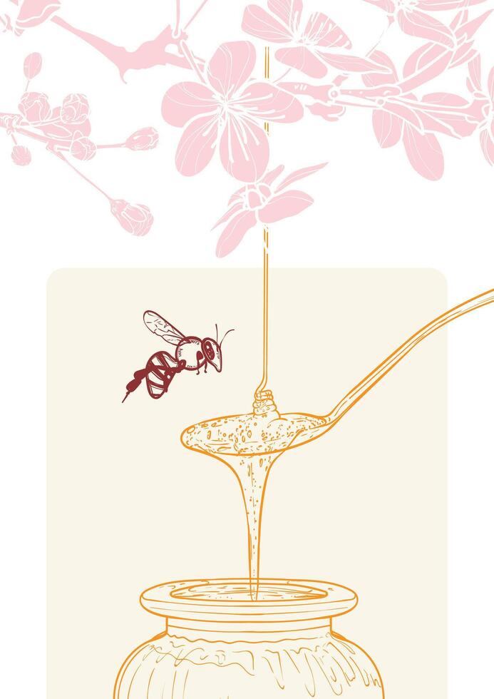 Line art honey illustrations with honeycomb, bees and a dipper dripping honey. Hand drawn poster design highly detailed with cherry blossoms on the background. vector