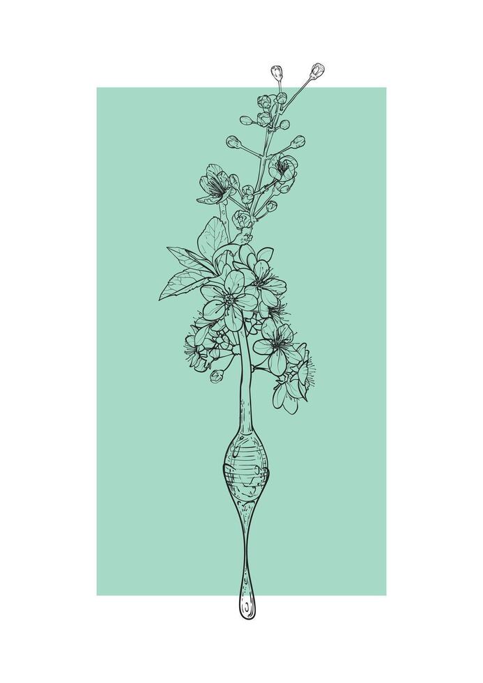 A4 poster design with a line art cherry blossoms flower combined with a dipper dripping honey. Hand drawn illustration. vector