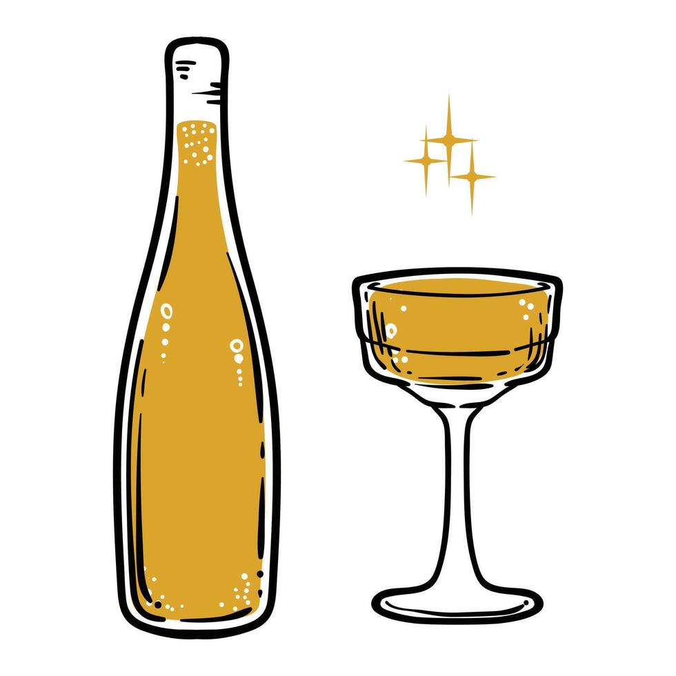 Doodle of champagne bottle and glass. Simple outline of alcoholic drink made out of fermented grapes. illustration for online and print design projects. vector