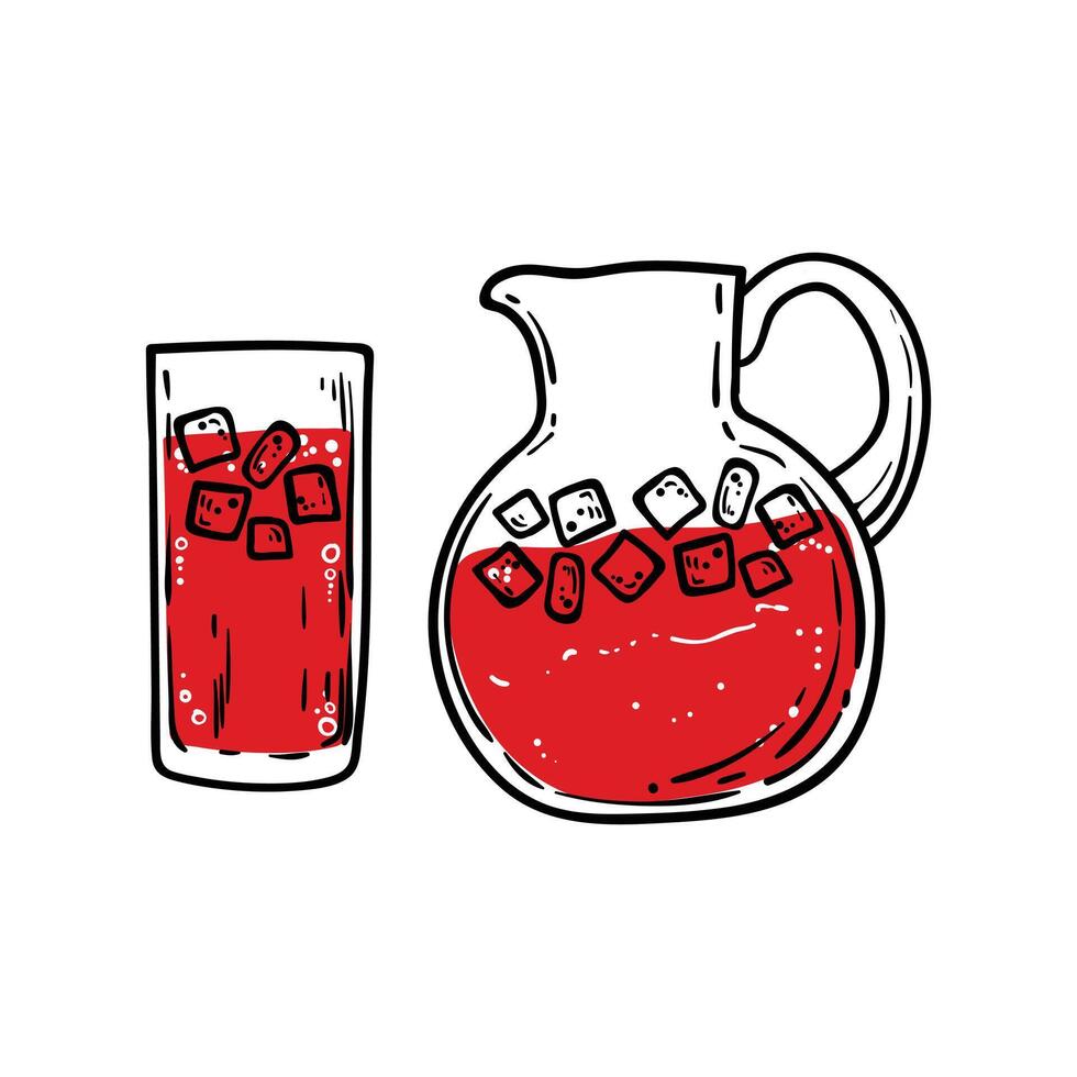 Doodle of red lemonade in a carafe and glass. Simple outline of a soft drink made out of fresh fruits. illustration for online and print design projects. vector
