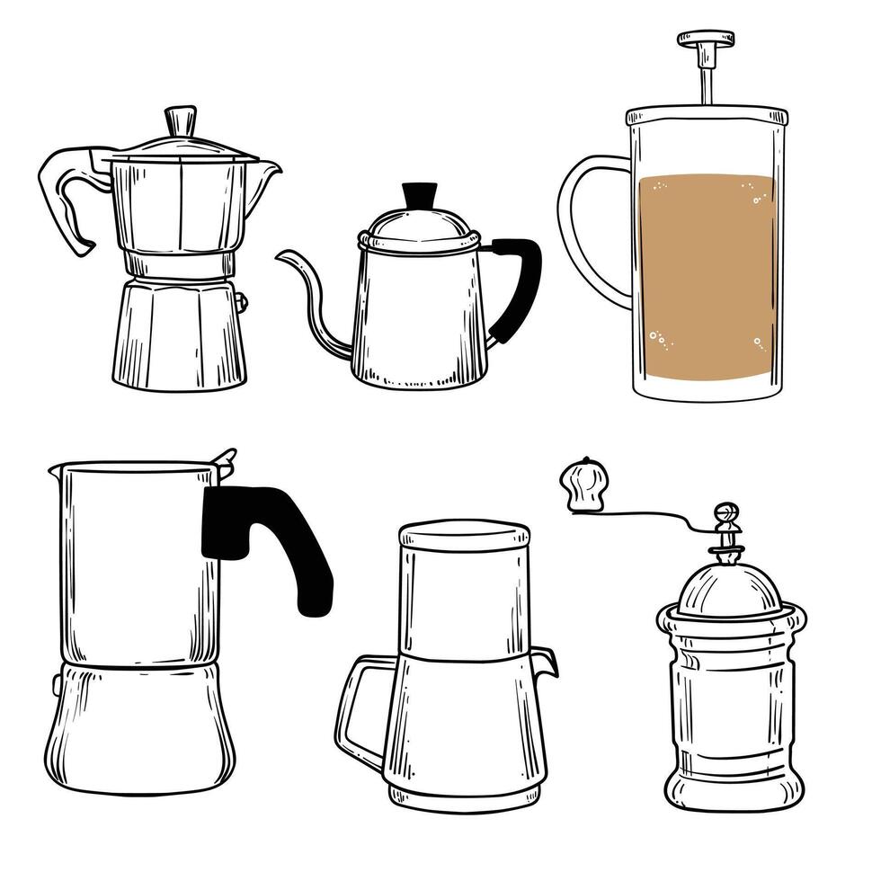Doodle of coffee makers. Simple outline of energizing drinks made out of coffee beans. Different types of coffee makers such as french press, aeropress, drip coffee, grinder, moka pot. vector