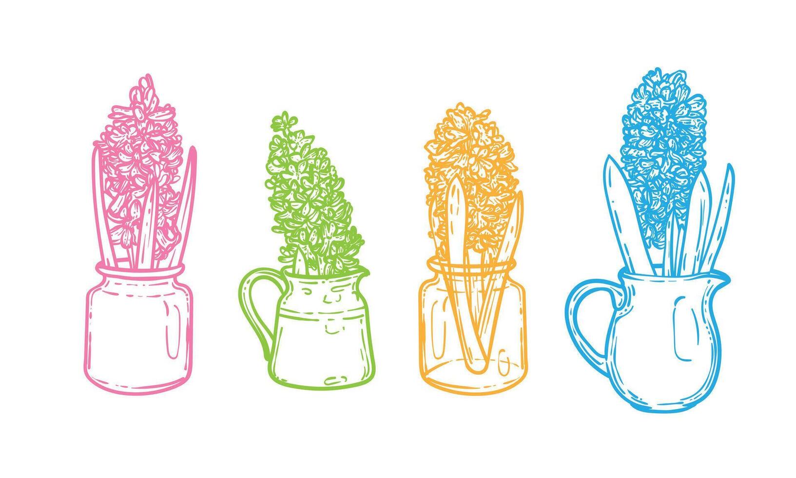 Hand drawn colorful hyacinths with leaves in a jars an vases. Line art spring flower illustration. Doodle of a flower in a banner design. Ready to be used in print and online projects. vector