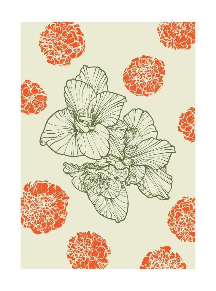 A4 gladiolus and marigold illustration. graphic asset for print projects with hand drawn autumn flowers. Dia de los Muertos botanical highly detailed and quality flower print. vector