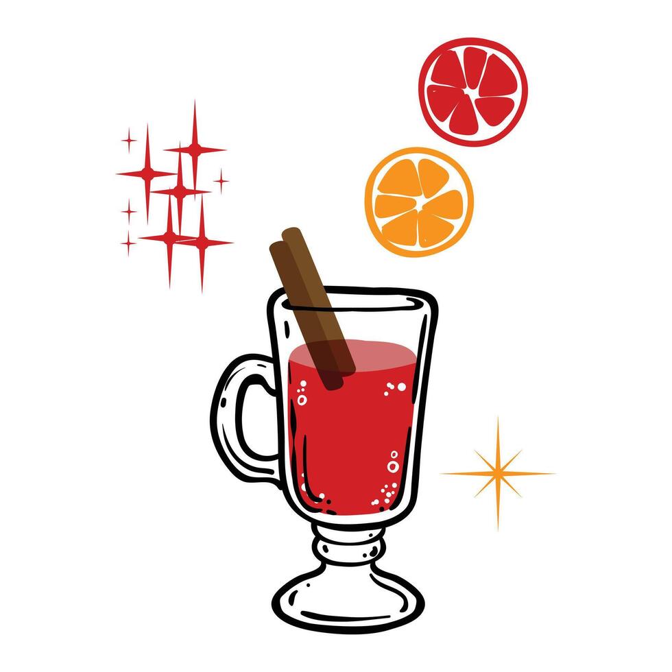Doodle of mulled wine in a glass. Simple outline of hot alcoholic Christmas drink made out of wine, cinnamon, cloves, citrus, and sugar, enjoyed during festive seasons. vector