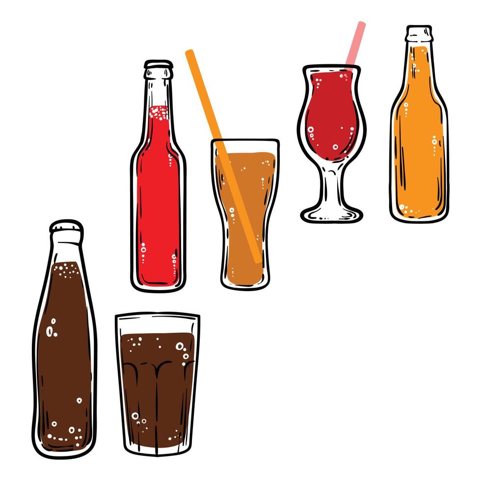 Doodle of soda bottles and glasses. Simple outline of soft fizzy drinks. illustration for online and print design projects. vector
