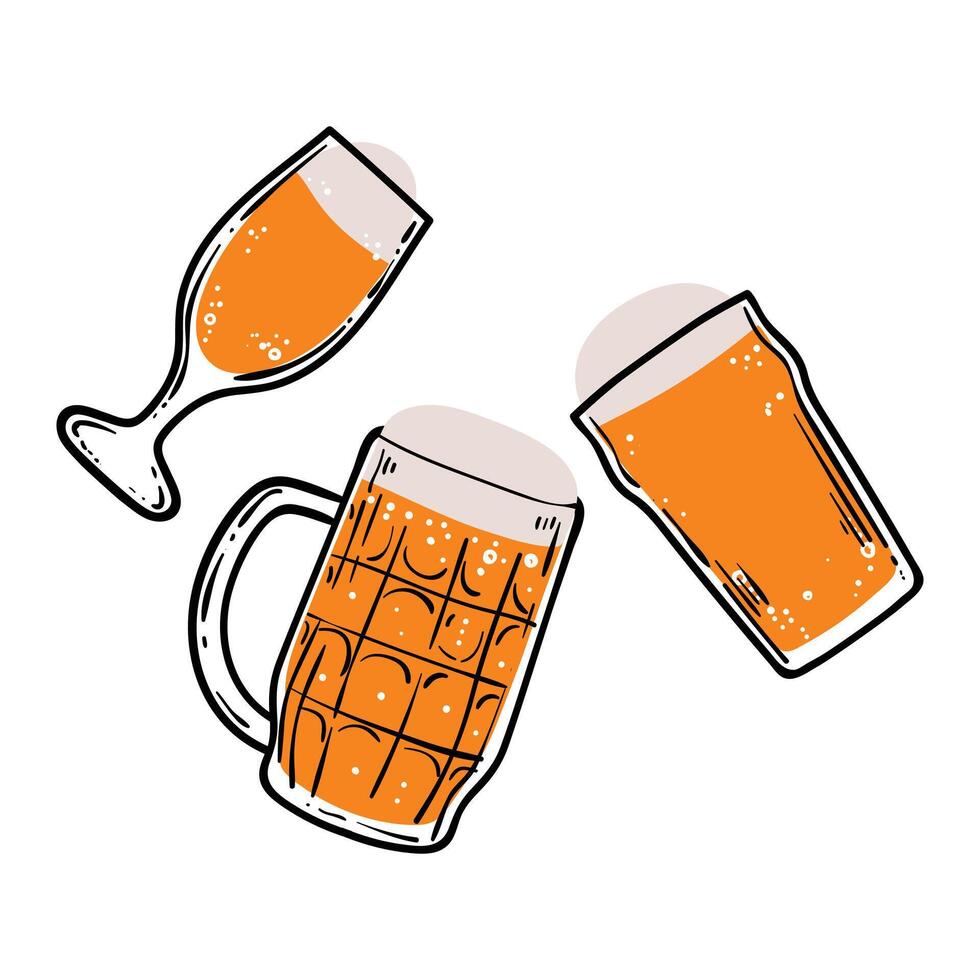 Doodle of beer glasses and mug. Simple outline of alcoholic drink made out of hops and east. illustration for online and print design projects. vector
