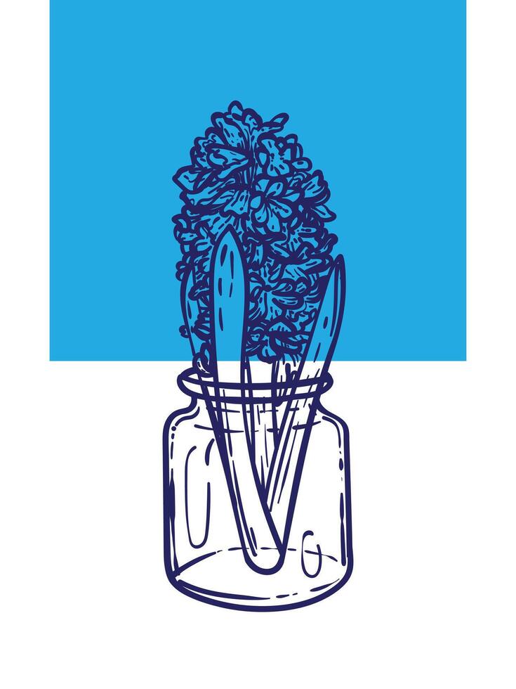 Hand drawn hyacinth with leaves in a jar. Line art spring flower illustration. Doodle of a flower in a blue poster design. Ready to be used in print and online projects. vector
