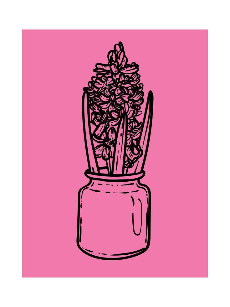 Hand drawn hyacinth with leaves in a jar. Line art spring flower illustration. Doodle of a flower in a pink poster design. Ready to be used in print and online projects. vector