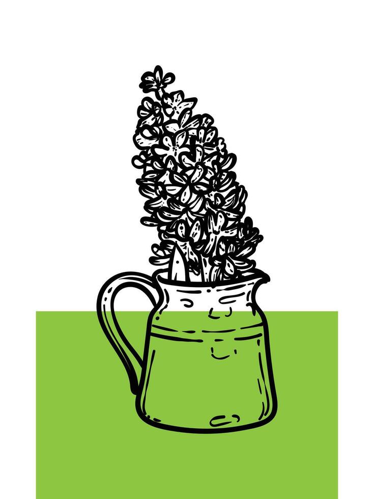 Hand drawn hyacinth with leaves in a jar. Line art spring flower illustration. Doodle of a flower in a green poster design. Ready to be used in print and online projects. vector