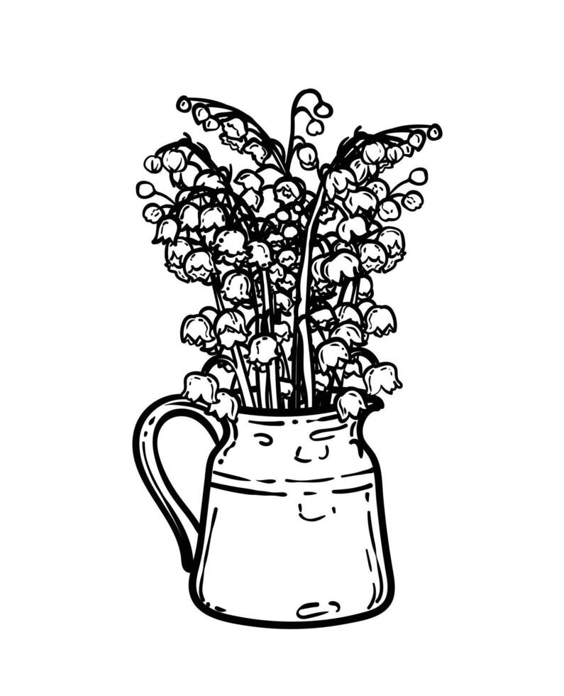 Hand drawn lily of the valley bouquet in a vase. Black line art of beautiful winter flowers isolated on a white background. Illustration for online and print projects. vector