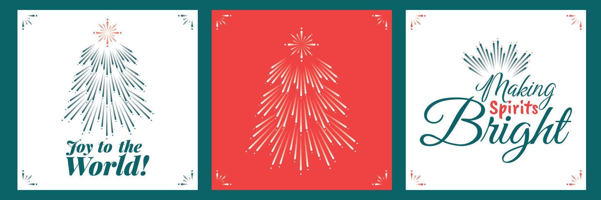 Joy to the world, merry Christmas visuals. Making spirits Bright cards for festive winter days. Firework Christmas Trees that sparkle. Awesome typography with happy messages. vector
