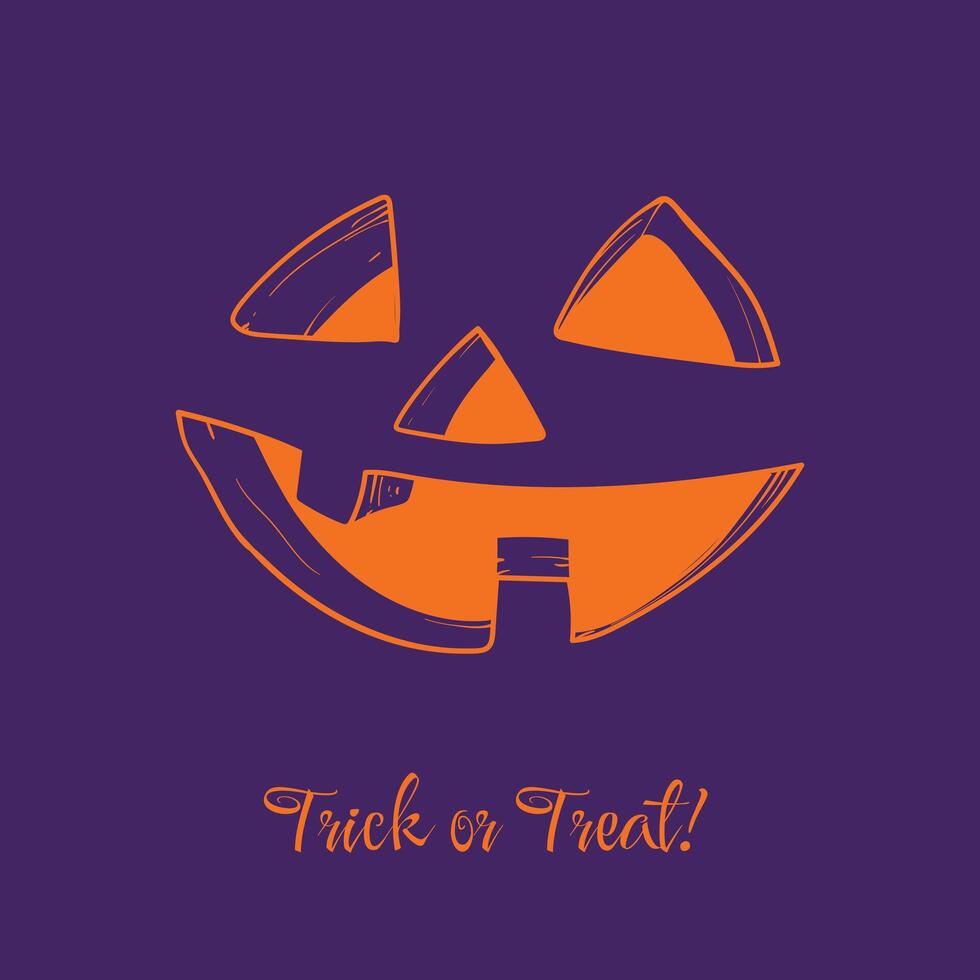 Trick or treat hand drawn evil carved laugh on purple background with playful font for Happy Halloween. Awesome design for print and online projects. Easy to edit, ready to use. vector