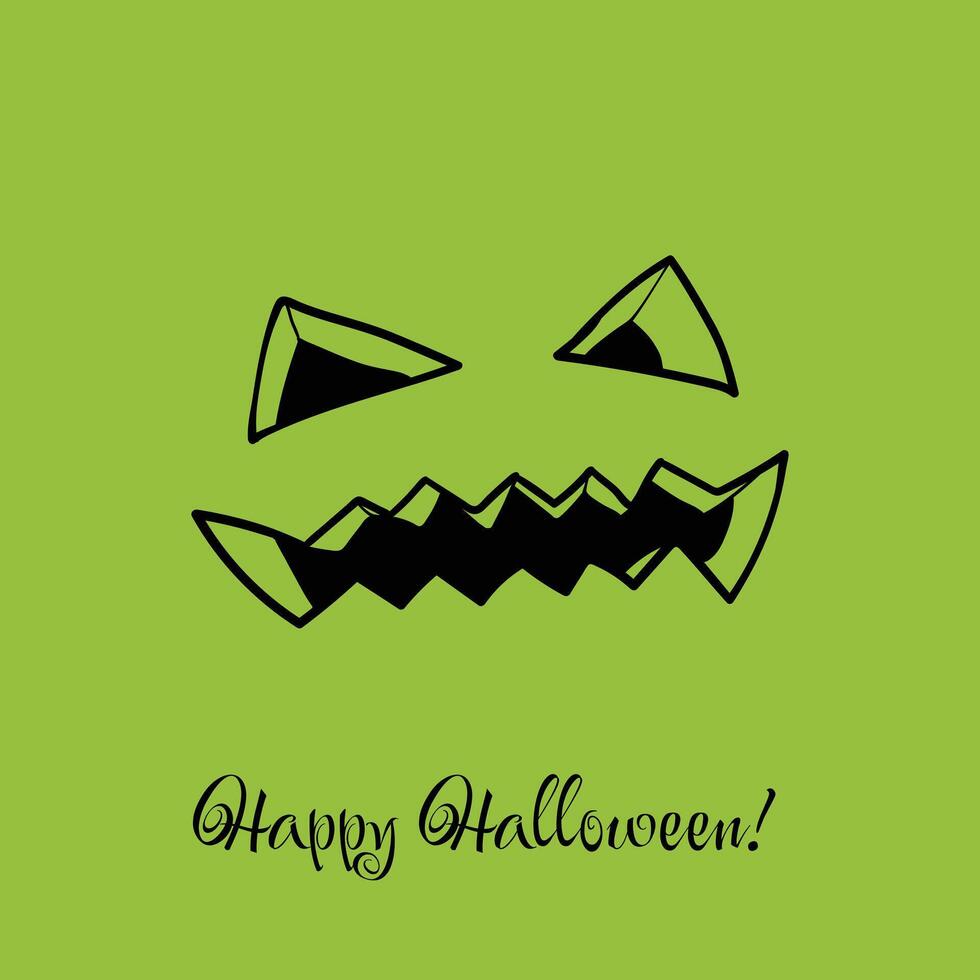 Hand drawn evil carved laugh on green background with playful font for Happy Halloween. Awesome design for print and online projects. Easy to edit, ready to use. vector