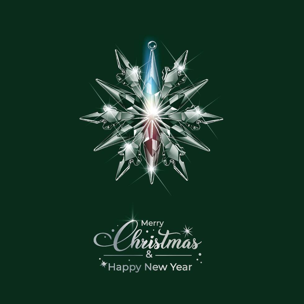Christmas square visual with one crystal globe on green background with festive text wishing Merry Christmas. vector