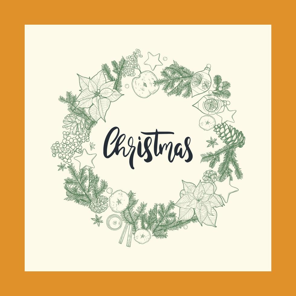 Merry Christmas square visual design. Modern Xmas design with typography, beautiful Christmas tree, Christmas sweets. Trendy hand drawn illustration for season banner, poster, cover vector