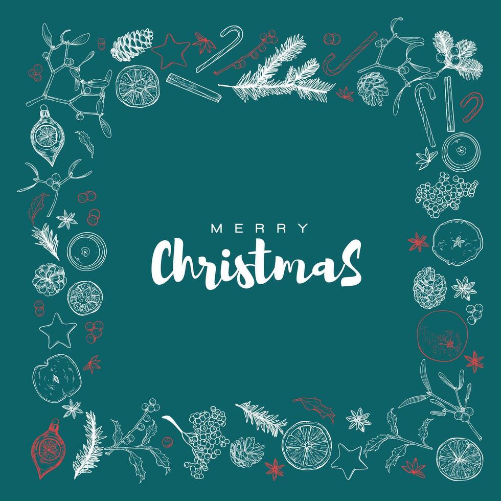 Square visual designed for Christmas social media post. Design with beautiful hand written text and line art outline Christmas elements like mistletoe, cinnamon, candle, apples and oranges. vector