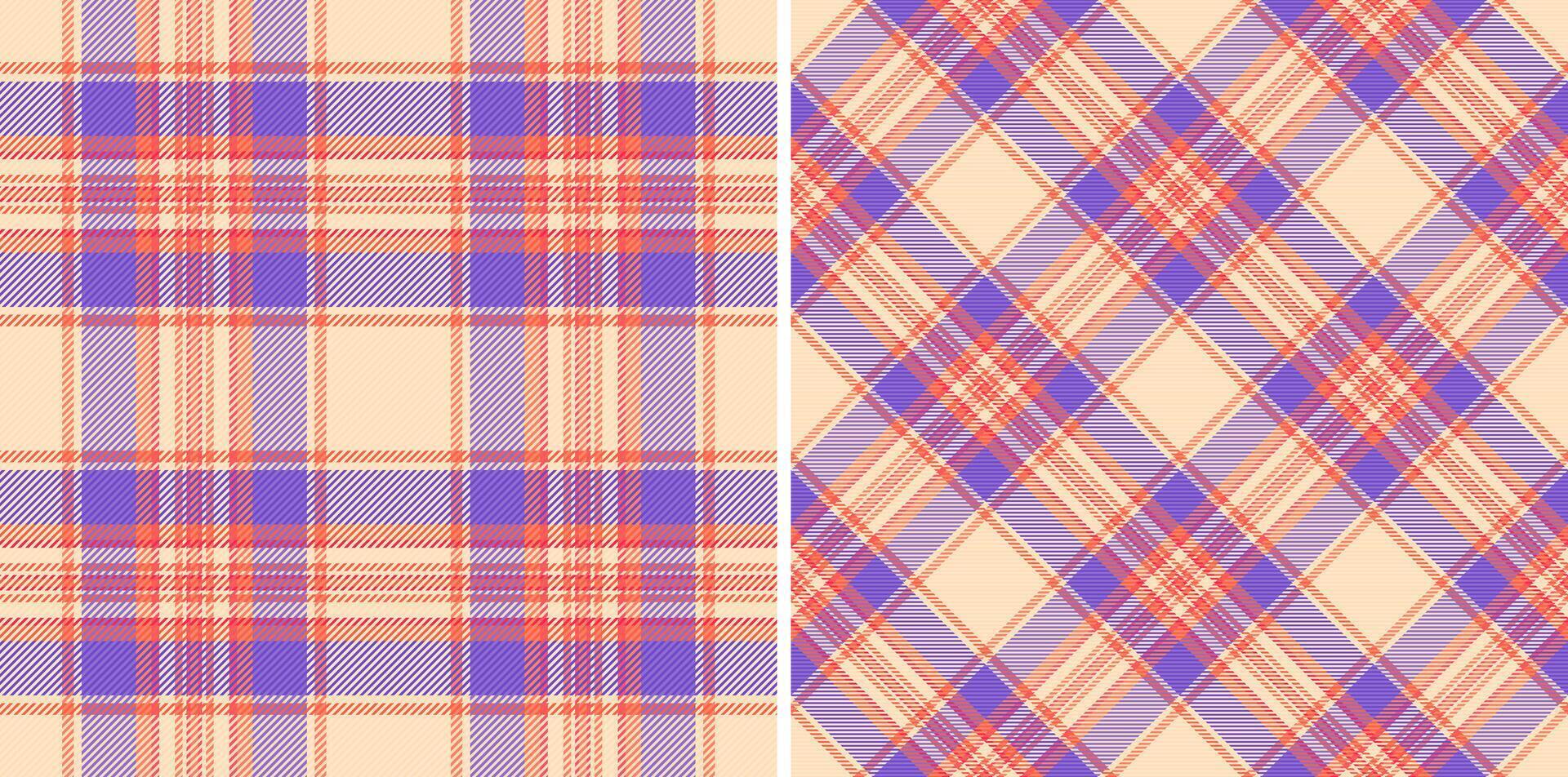 Two pastel plaid patterns in peach, coral lilac. Perfect for textile design, apparel, home decor, or scrapbooking projects. A versatile, soft aesthetic for feminine modern designs. vector