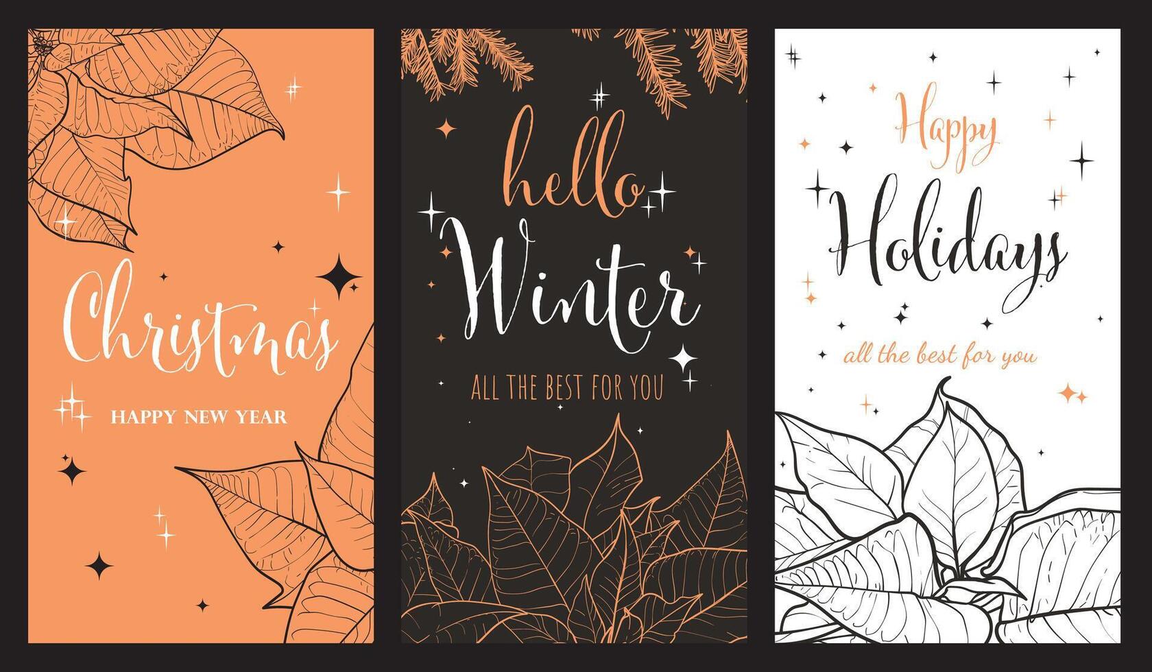 Set of 3 story or reel designs for a warm Christmas. Playful and sparkling design with beautiful hand drawn text and winter plants such as poinsettia and pine branches. vector