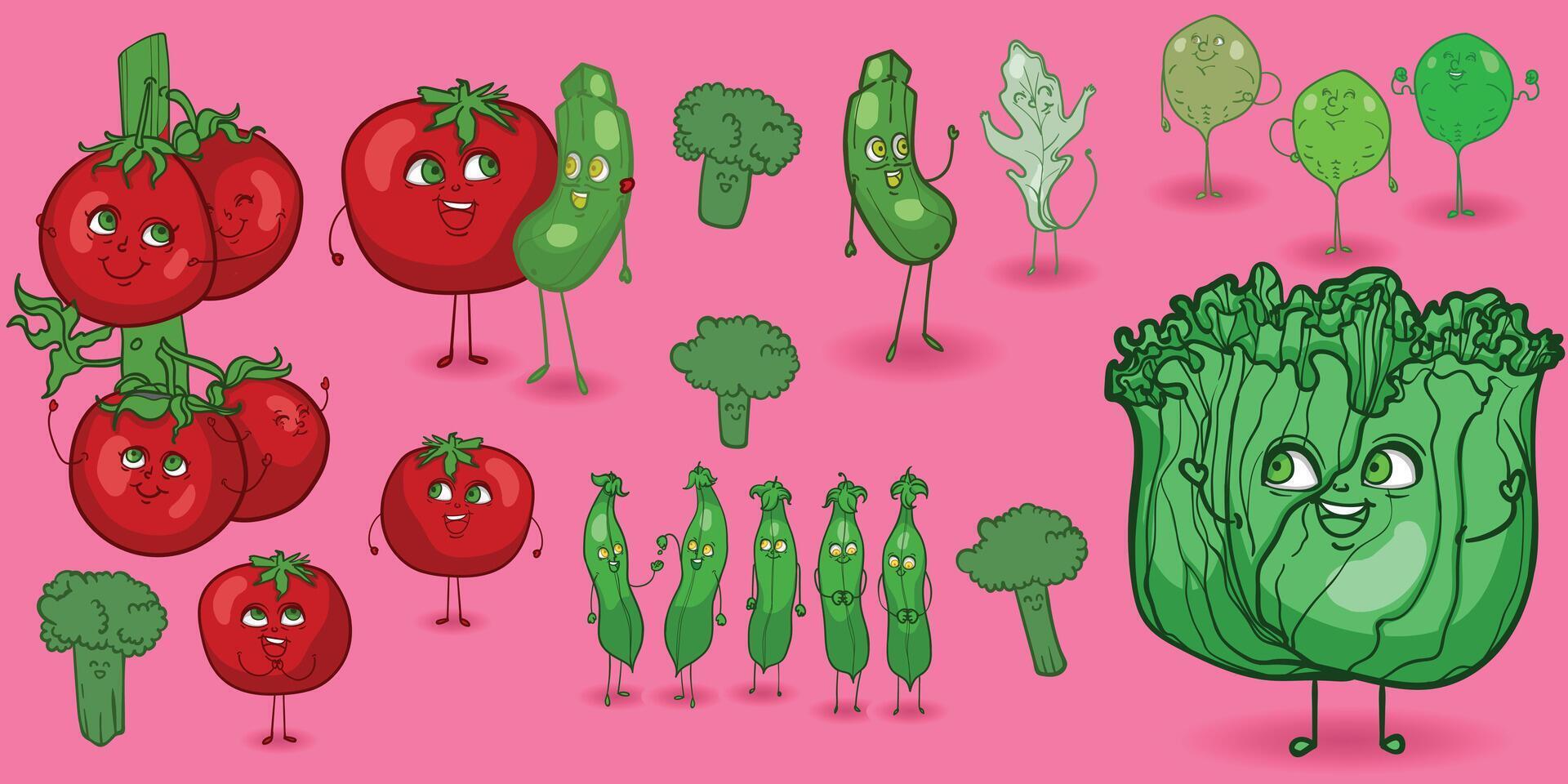 hand drawn veggies mascots, perfect for both online and print projects. Ideal for menus, banners, and social media, it adds a creative and funny touch to your graphics or branding. vector