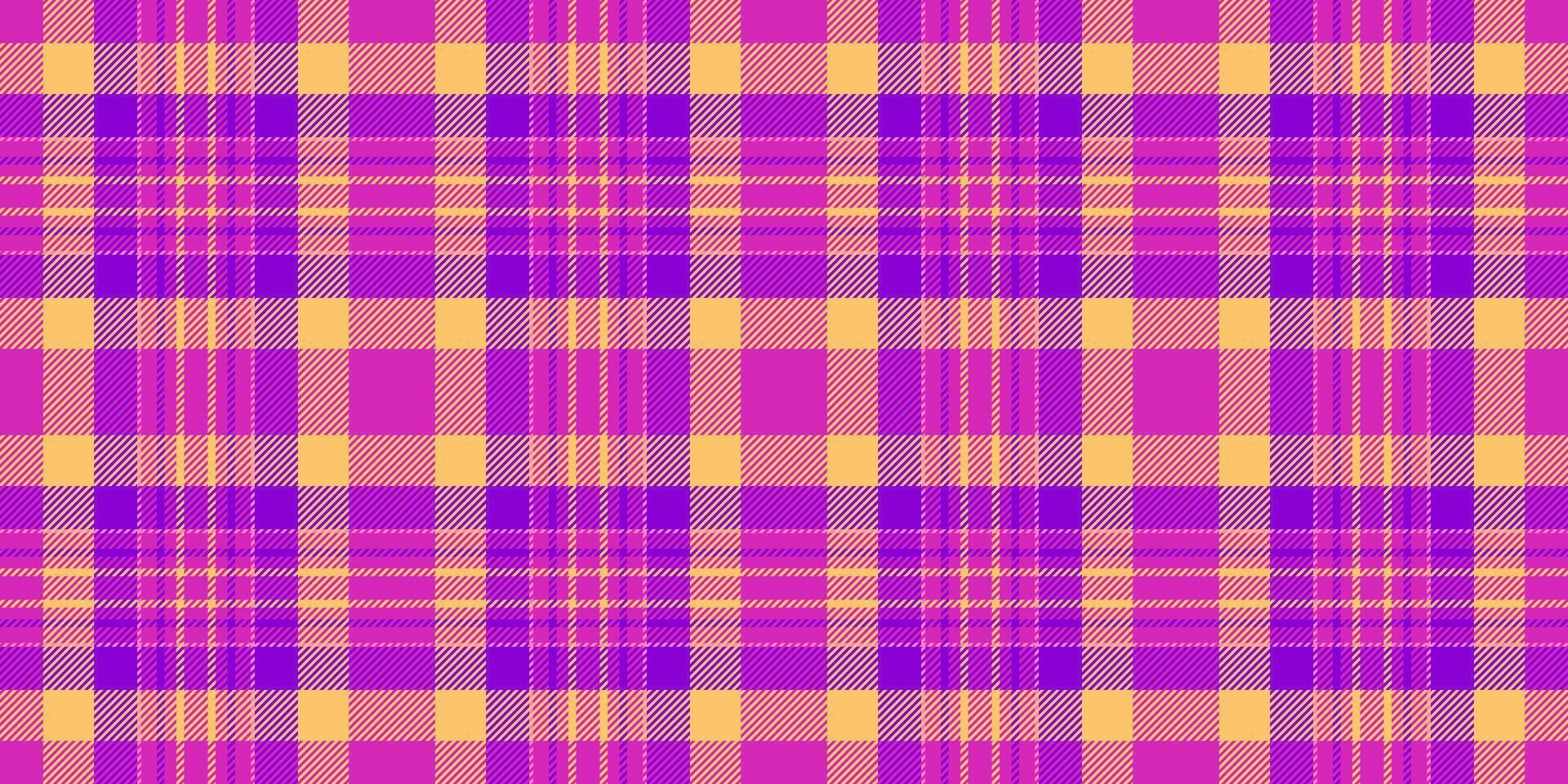 Vibrant pink, purple, and yellow plaid pattern. Perfect for textile design, fashion, and website backgrounds. This seamless texture offers a cheerful and modern aesthetic. vector