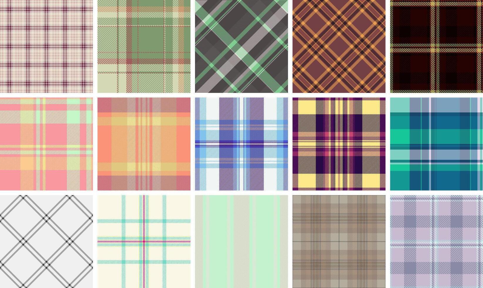 A vibrant collection of 16 diverse plaid patterns. Ideal for textile design, fashion, website backgrounds, and scrapbooking. vector