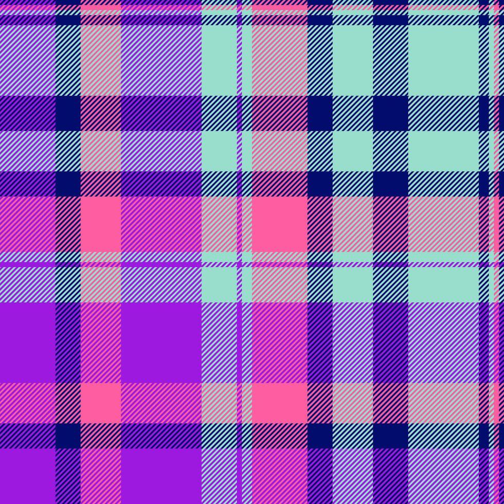 Mesh background check, regular texture seamless fabric. Infinity pattern plaid tartan textile in teal and violet colors. vector