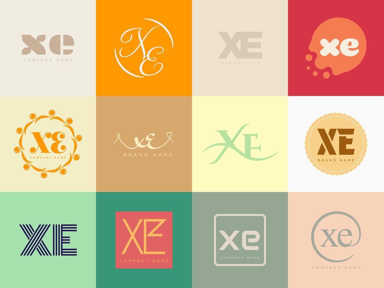 XE logo company template. Letter x and e logotype. Set different classic serif lettering and modern bold text with design elements. Initial font typography. vector