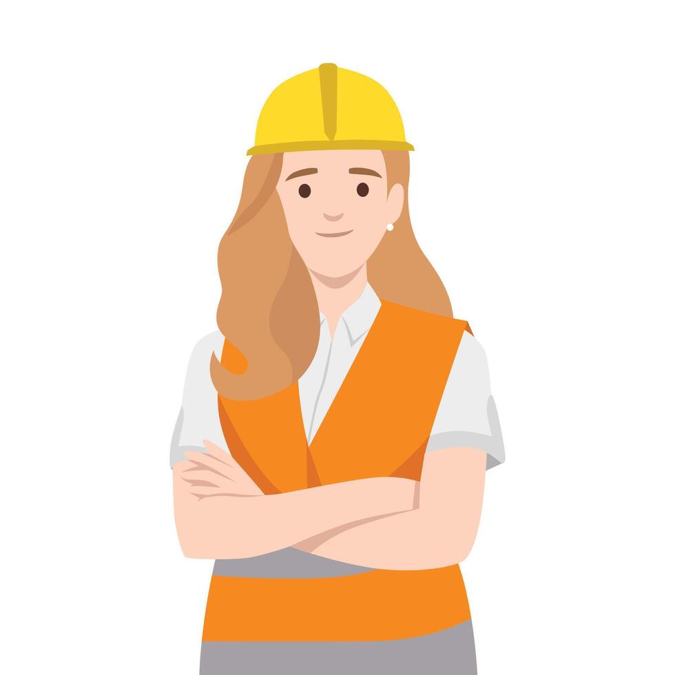 Determined female construction worker wearing a hard hat and safety vest,standing with crossed arms. vector