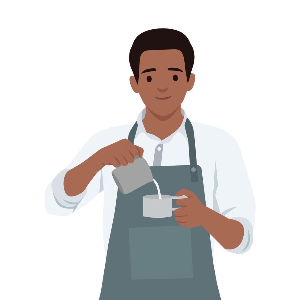 Barista pouring milk into a cup, skillfully preparing a coffee beverage while wearing an apron. vector