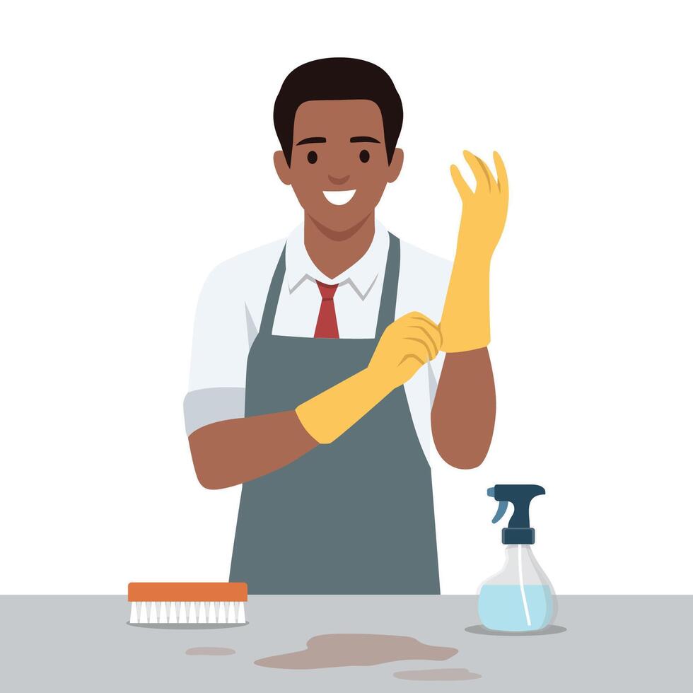 Man wearing an apron and yellow gloves, preparing to clean with a spray bottle and brush on a table. vector