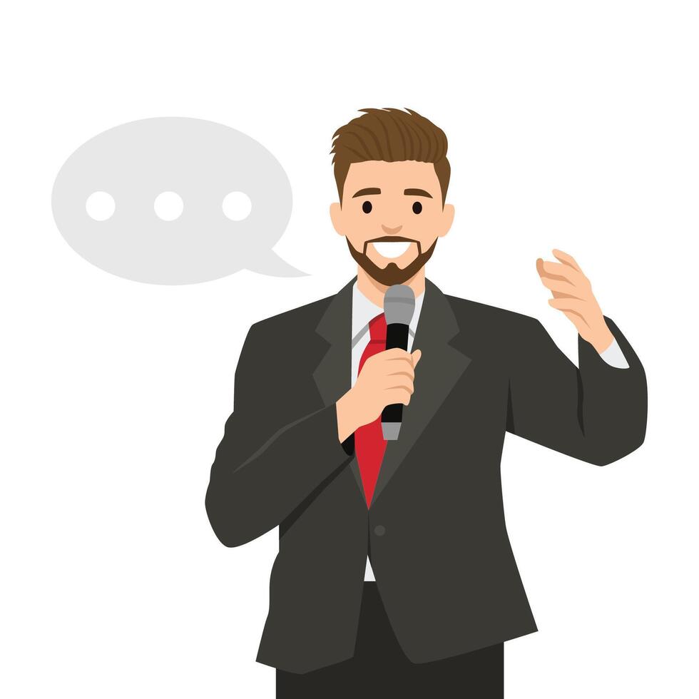 Confident Speaker Delivering a Speech. Professionally dressed man holding a microphone. vector