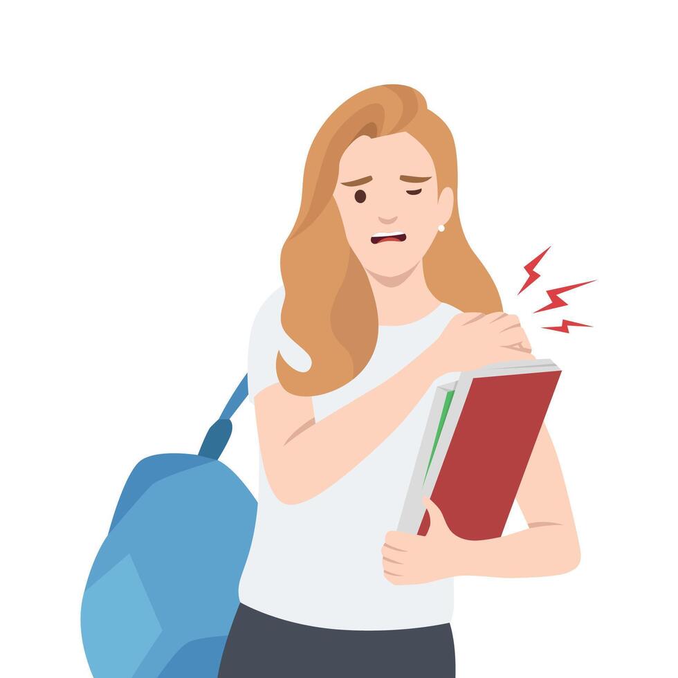 Woman holding her shoulder in pain while carrying books and wearing a backpack. vector