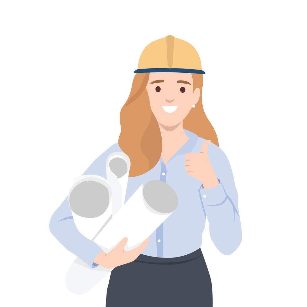Confident Female Architect wearing a hard hat, holding rolled up blueprints, and giving a thumbs up. vector